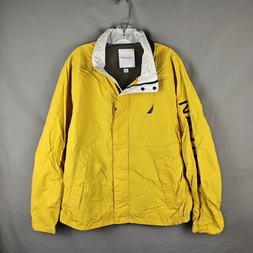Nautica Jacket Mens Large Yellow Full Zip Windbreaker Sail Logo Spellout Sleeve